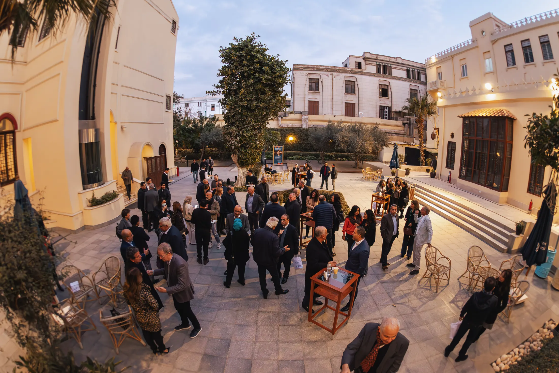 An evening PGAE reception in a Cairo courtyard.